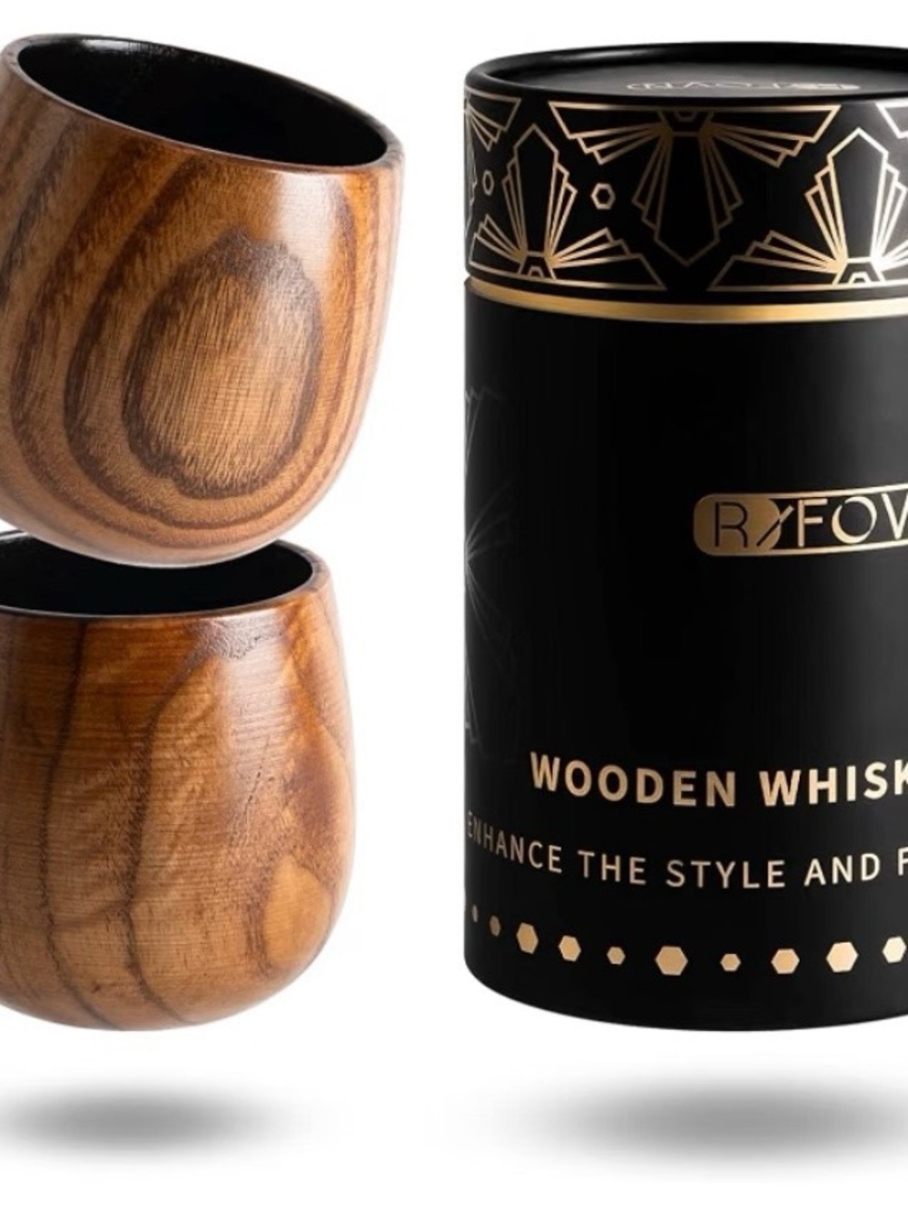 2-Pack Wooden Whiskey Glasses 10 oz Rustic Bourbon Tumblers Gift for Men